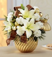 Gold Ornament Ball with White Christmas Flowers