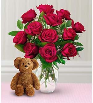 Dozen Roses with a Bear